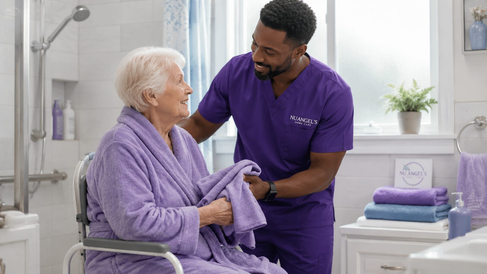 Caregiver helping a woman with a towel in the bathroom