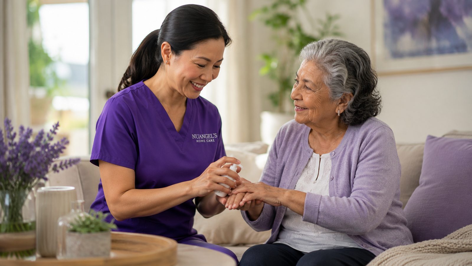A caregiver sitting and talking with an older woman on the sofa