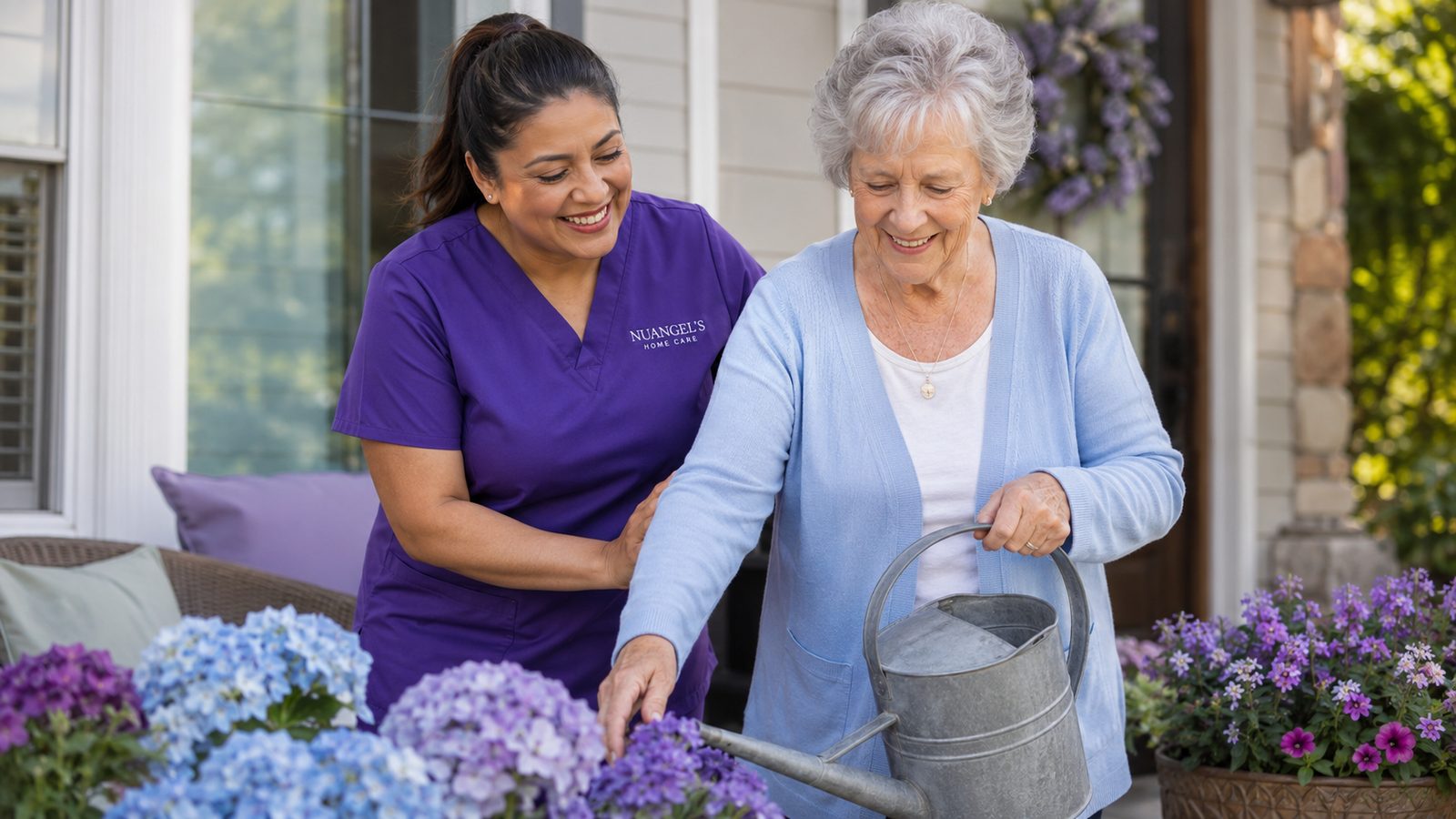 Watering flowers together on the porch