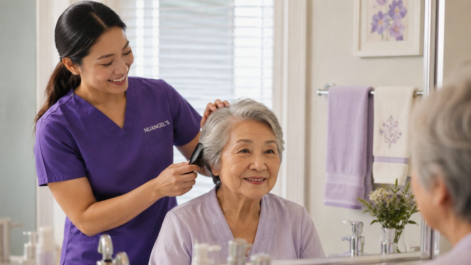 Brushing a client's hair at the mirror