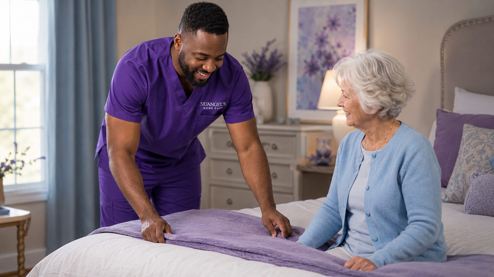 Caregiver making the bed