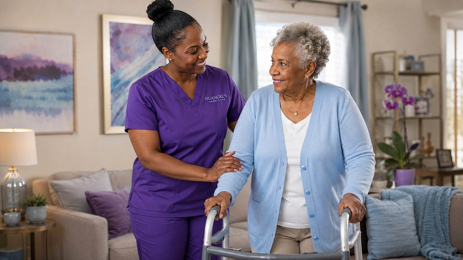 A NU Angel's caregiver helping a senior woman walk with her walker at home