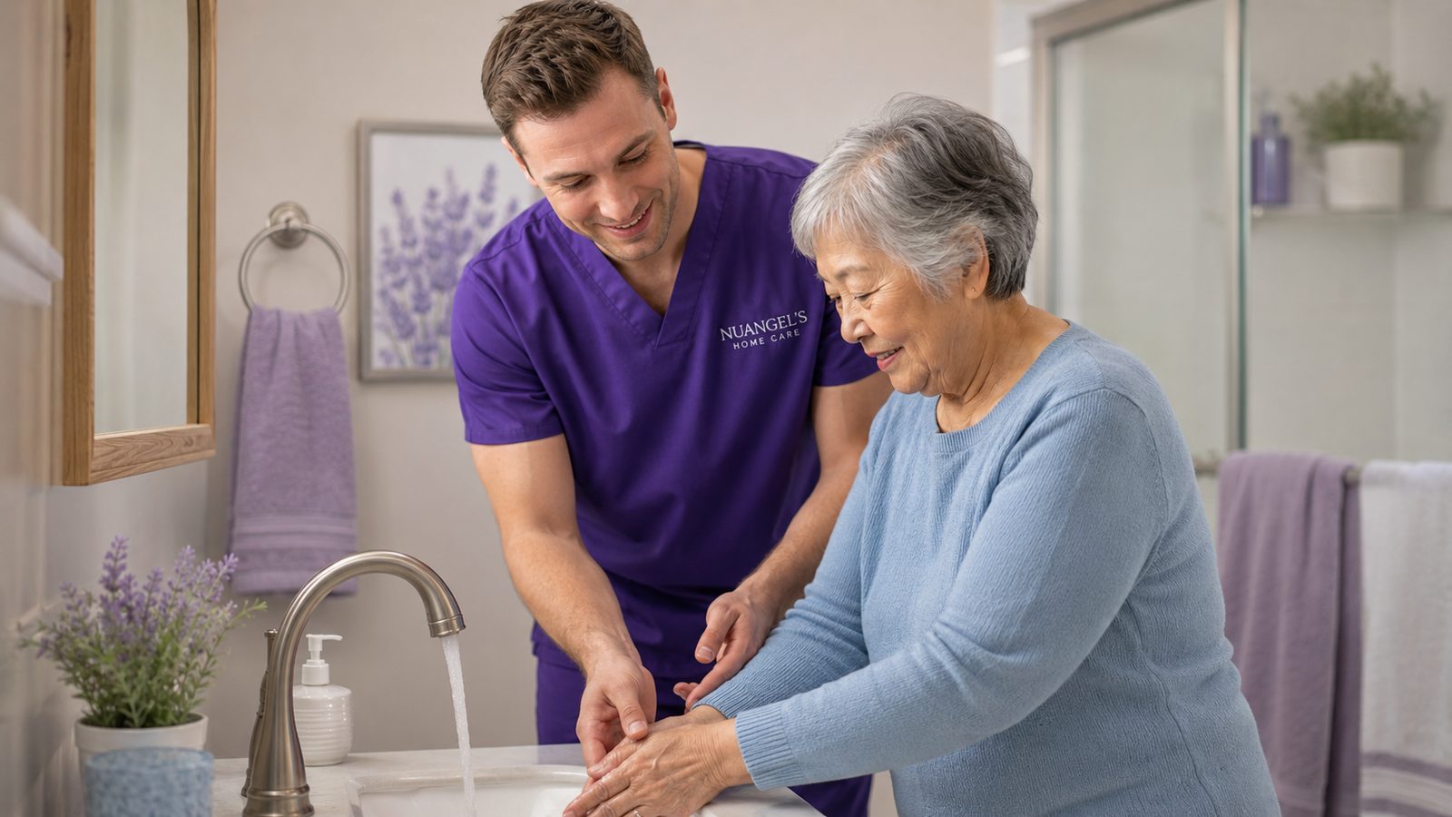 Caregiver helping a senior at the bathroom sink