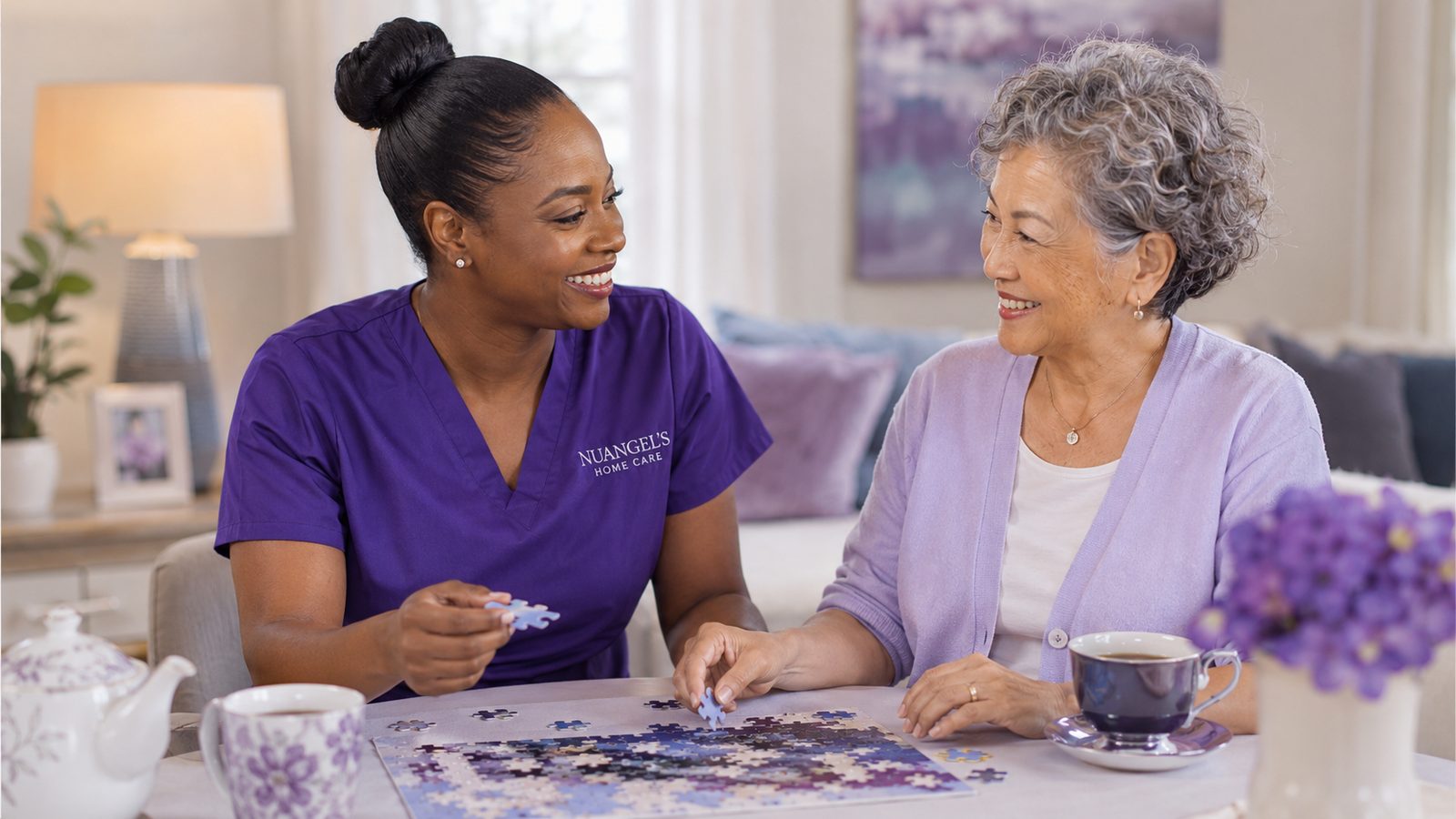 Caregiver doing a jigsaw puzzle with a client