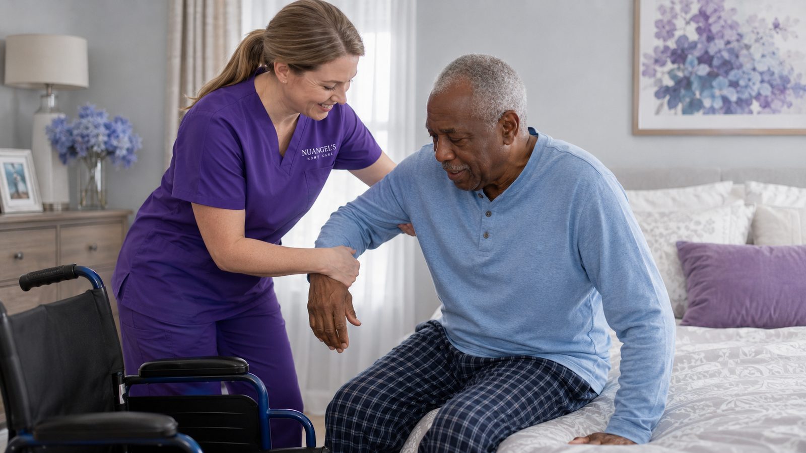 Caregiver helping a man stand up safely